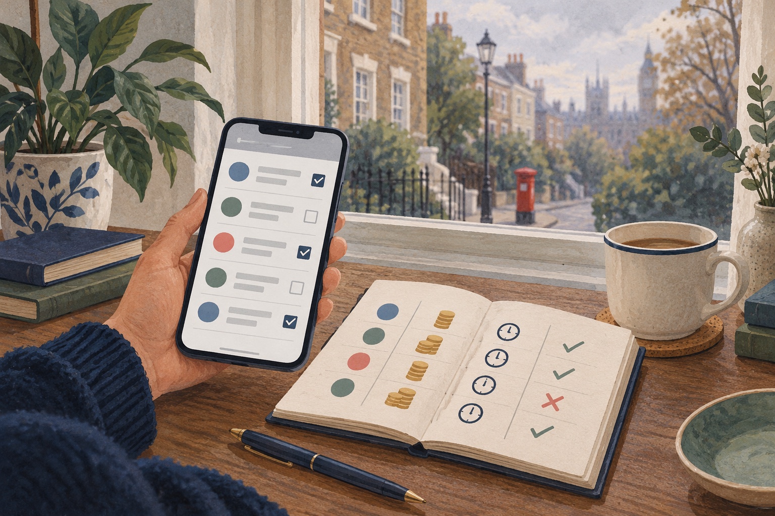 Illustrated comparison of UK survey options at a British home desk