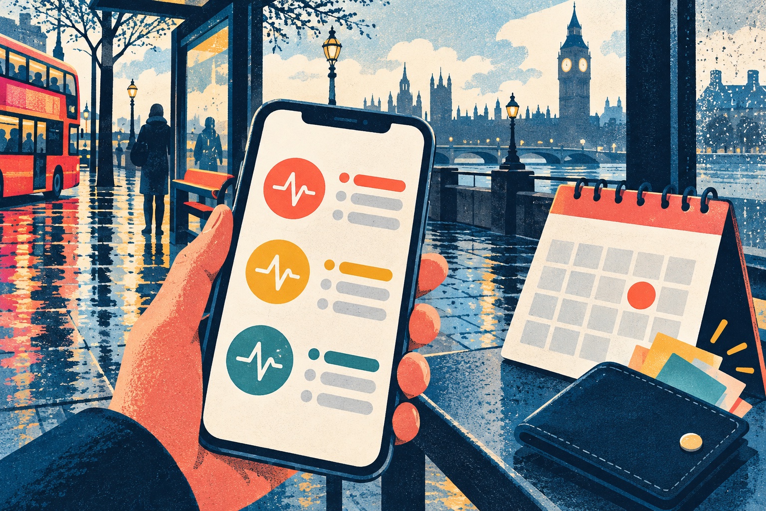 Riso-style illustration of quick mobile polls and a monthly reward cycle in the UK