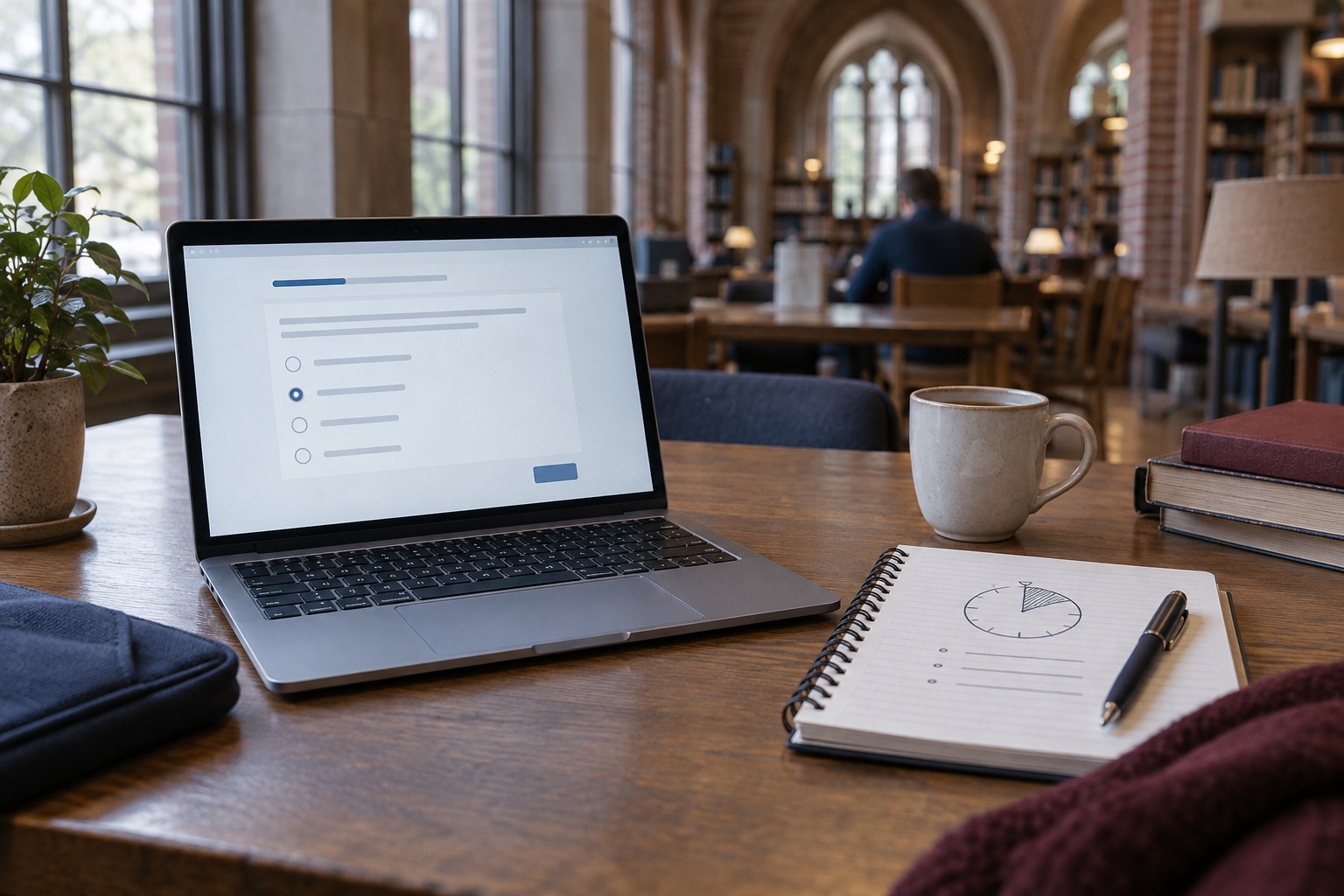 Editorial illustration of a research participant reviewing a study in a UK university library
