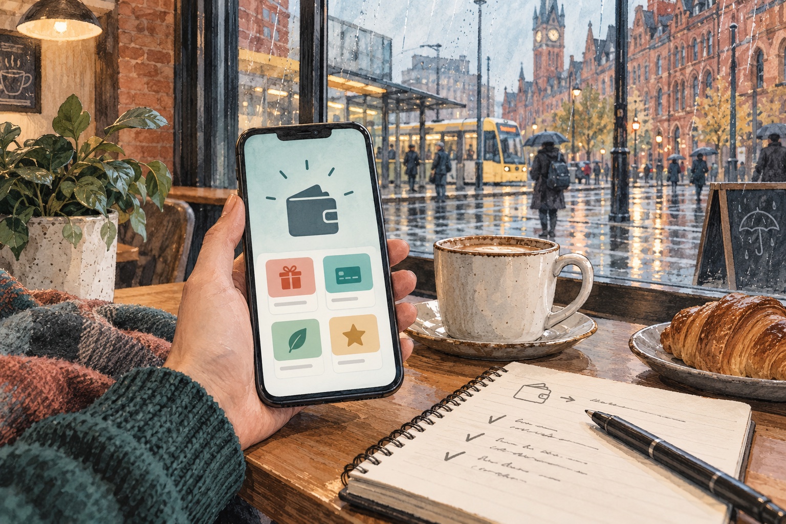 Editorial illustration of a phone and cash-out choices at a rainy Manchester café