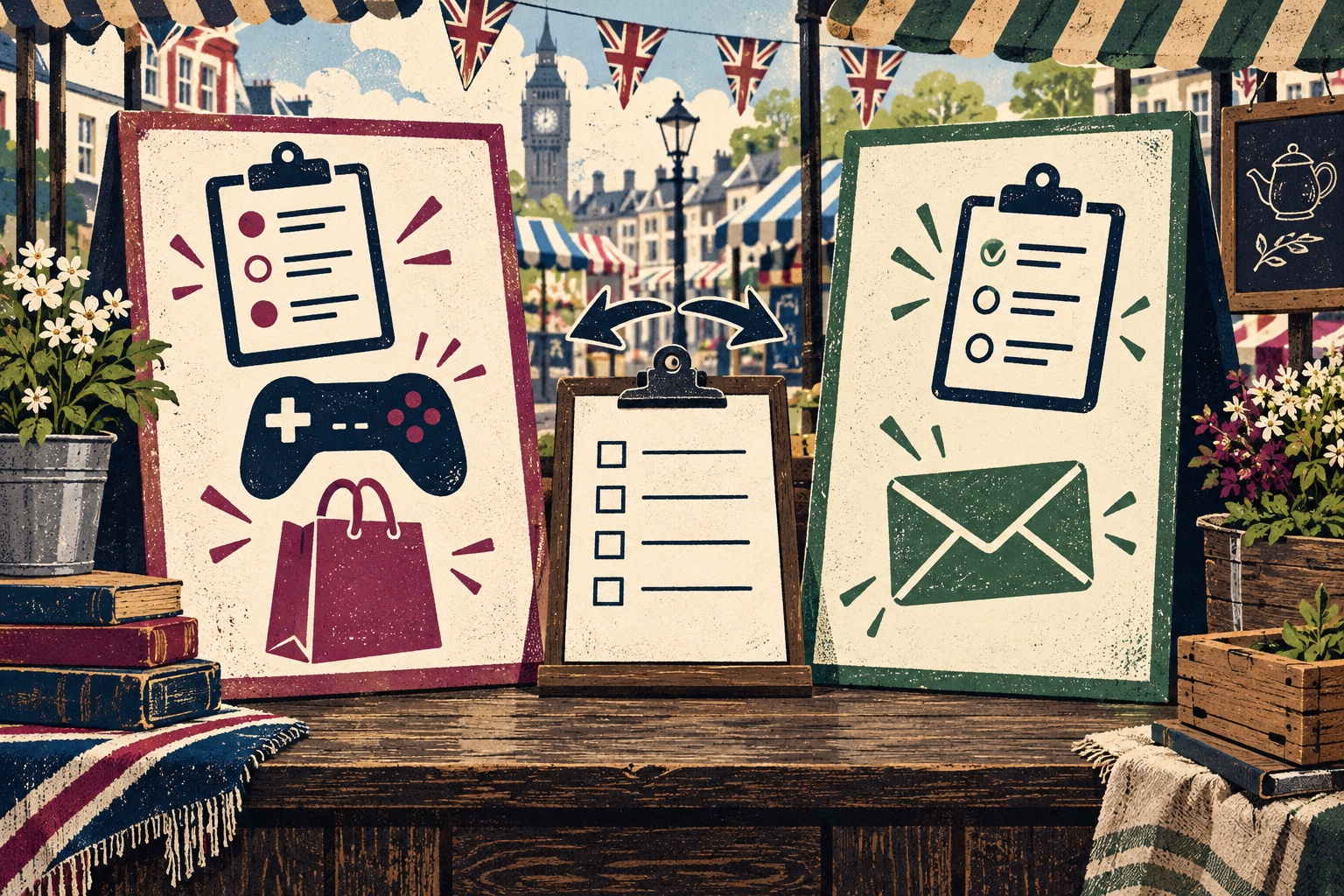 Two-panel illustration comparing survey and reward activities for UK users