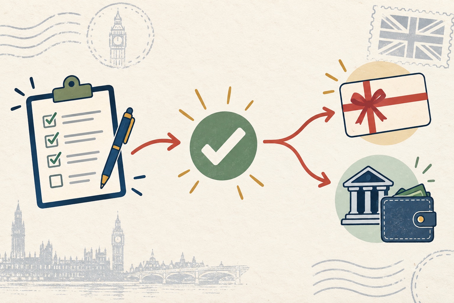 Illustration of a survey reward moving through approval to a UK voucher or bank payment