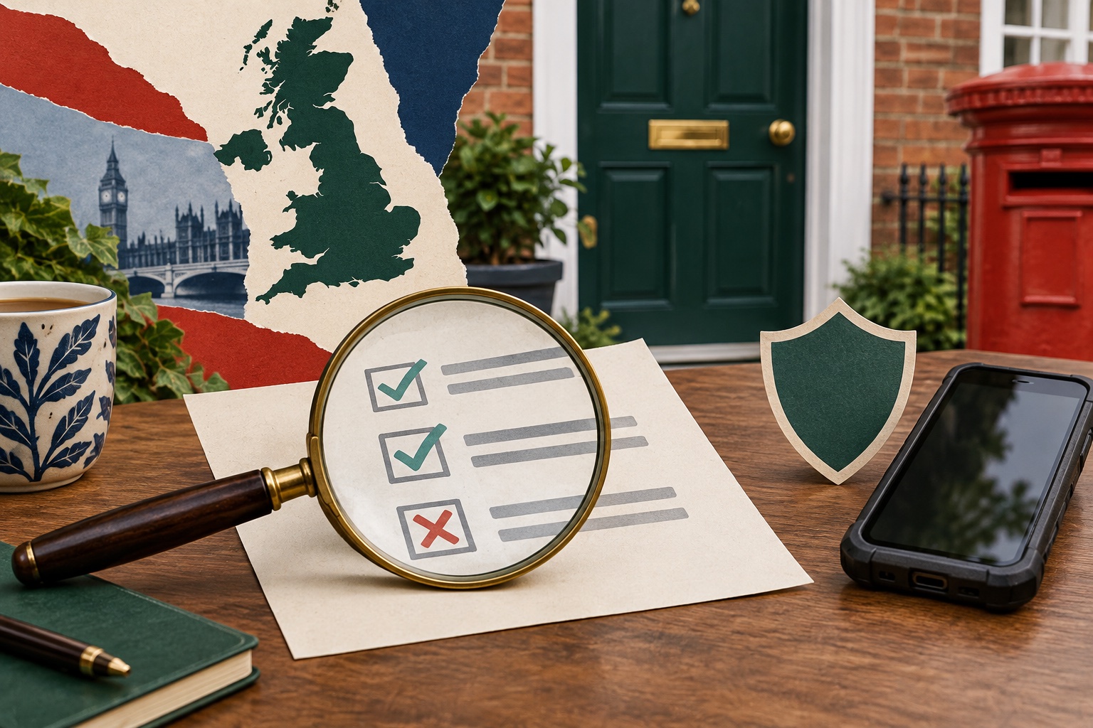 Paper-collage illustration of a checklist, magnifying glass and online safety symbols
