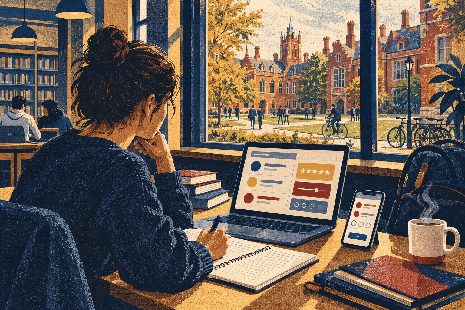 Risograph illustration of a student desk in a UK university library