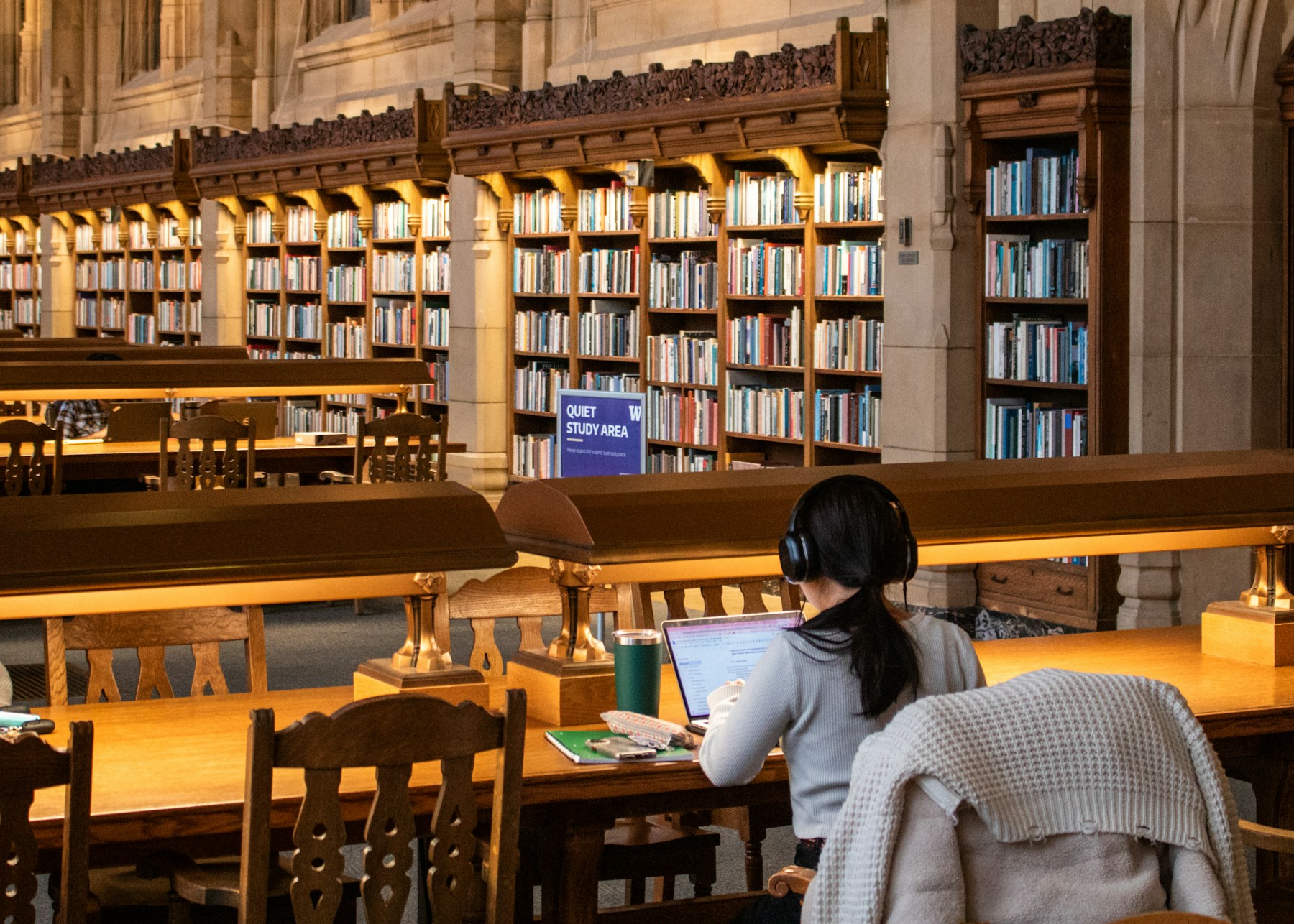 Student studying with a laptop in a university library