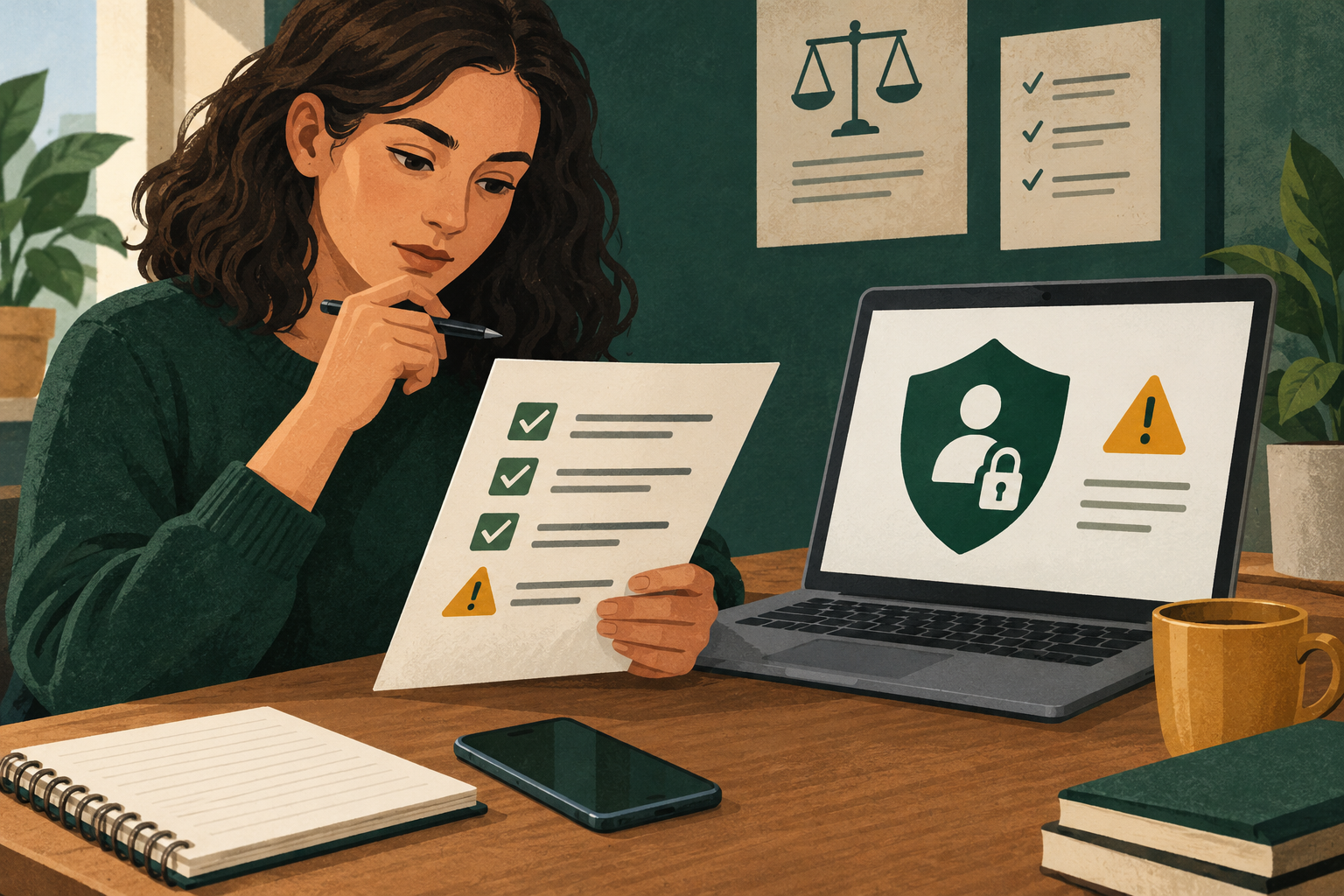 Panel member reviewing an account-rules checklist beside a secure laptop account
