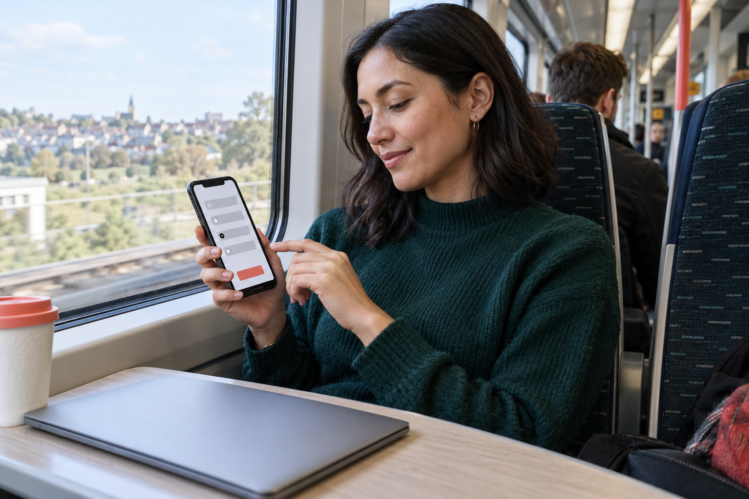 Commuter completing a generic survey on a mobile phone with a laptop nearby