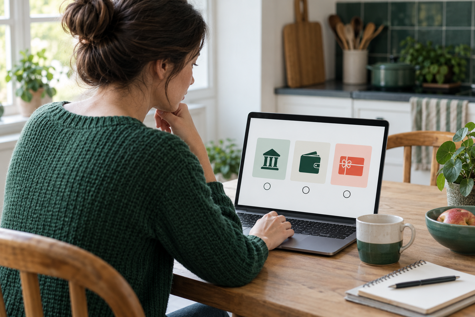 Consumer comparing generic bank transfer, digital wallet and gift-card reward options